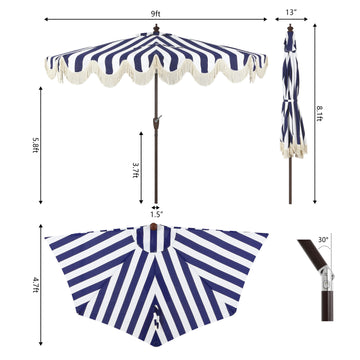 Beverly 9 ft. Designer Classic Scalloped Fringe Half Market Patio Umbrella